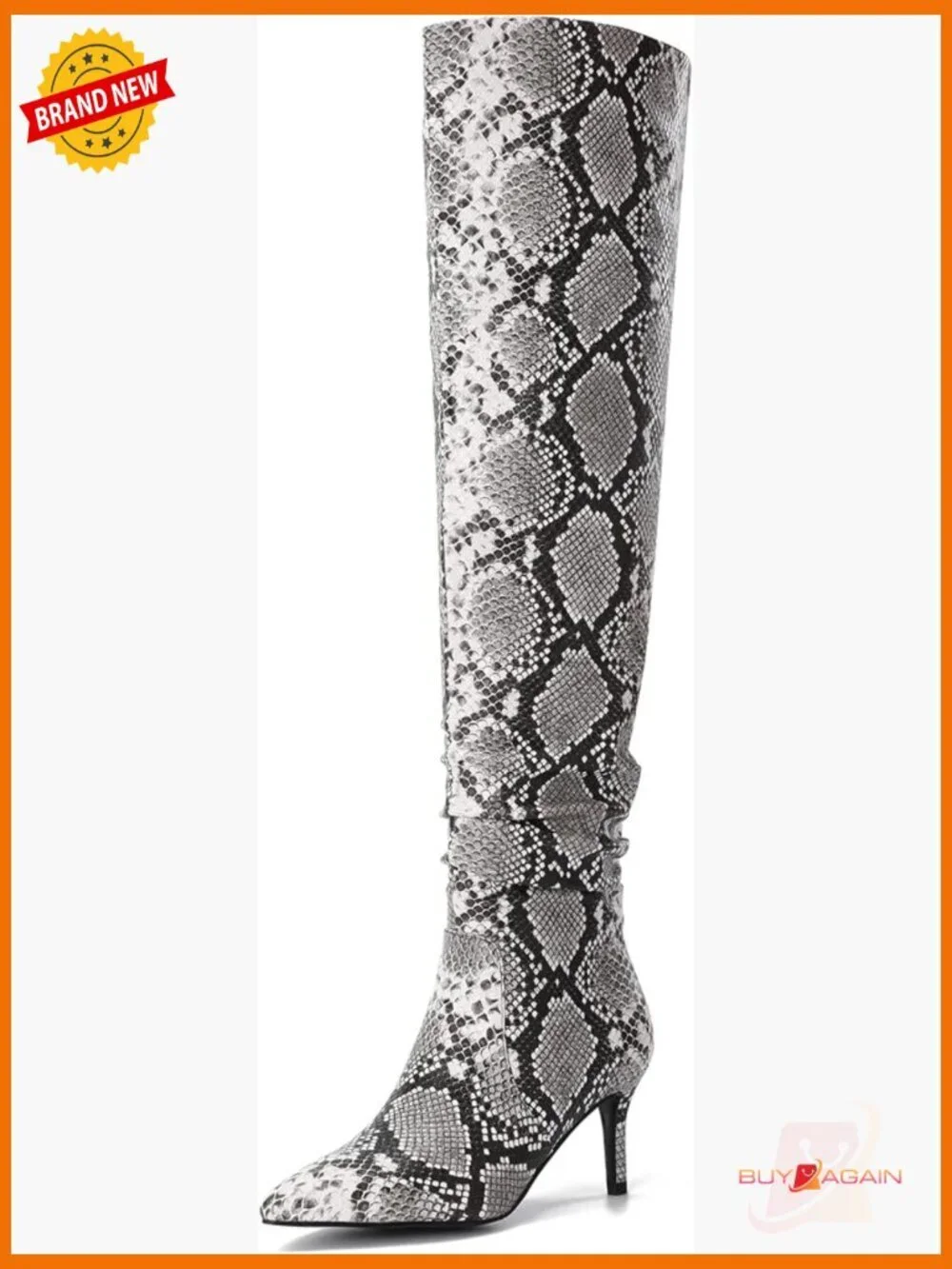 Over the Knee Stiletto Heel Thigh High Boots - Snakeskin Side Zip Pleated